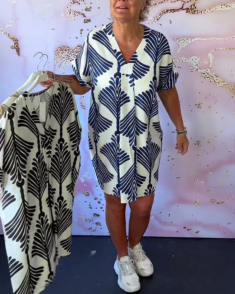Printed V-neck casual short-sleeved dress