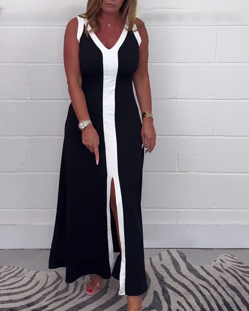 Sleeveless colorblock slit dress