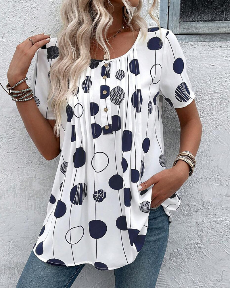 Round Neck Short Sleeve Printed Blouse