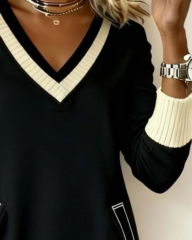 Long-Sleeved V-Neck Contrast Knit Dress