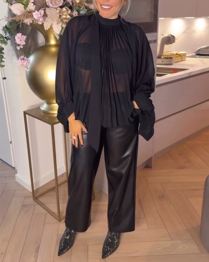 Solid Color Batwing Sleeve Ribbon Blouse