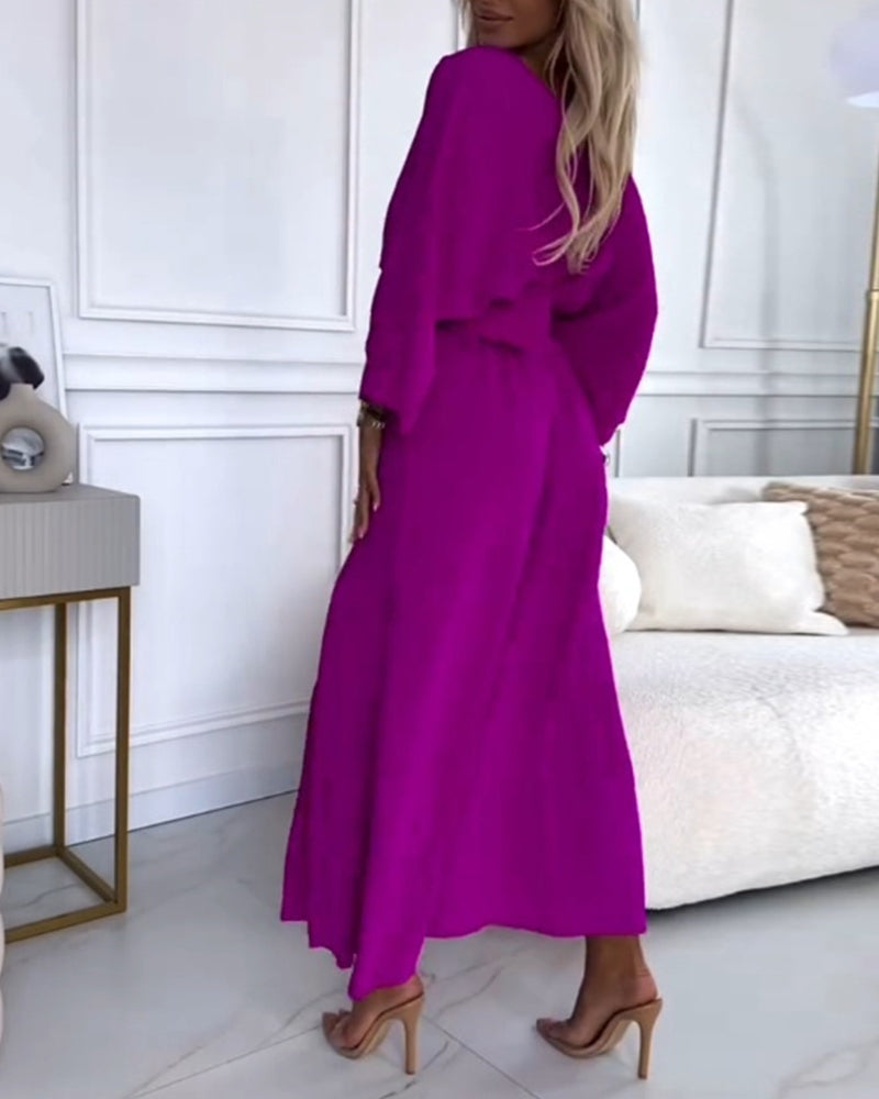 Elegant solid color V-neck slit long sleeve dress