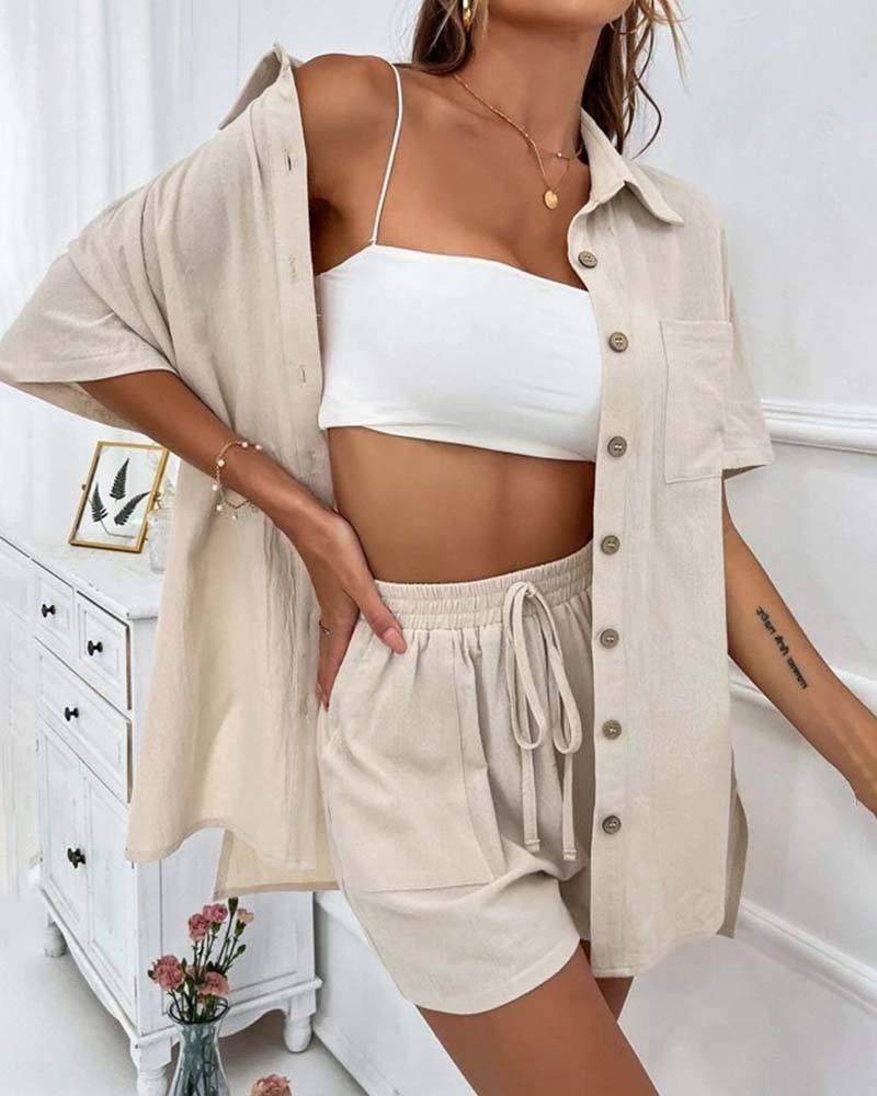 Casual solid color shirt and shorts set
