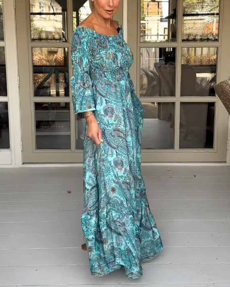 Elegant printed one-shoulder flare sleeve long dress