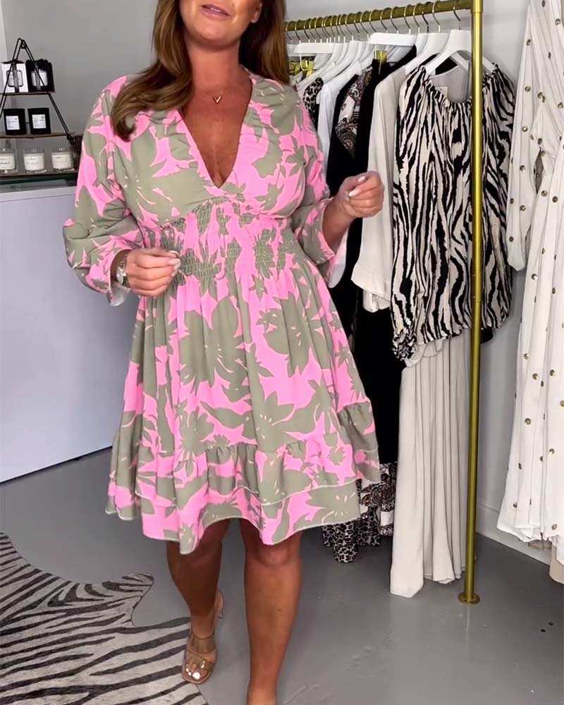 Leaf print deep V bell sleeve dress