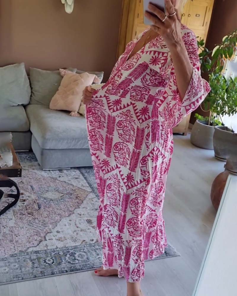 Elegant printed V-neck pleated bell-sleeve dress