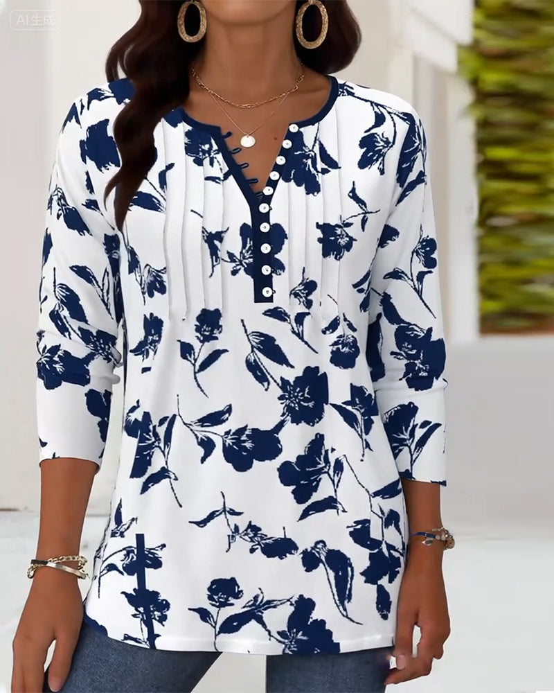Button Print Fashion Blouse