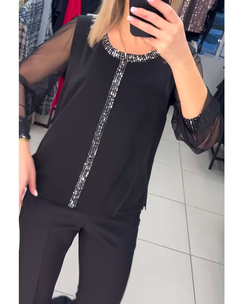 Sequin Panel Long Sleeve Blouse