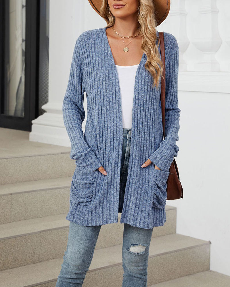 Casual solid color pocket long sleeve cardigan