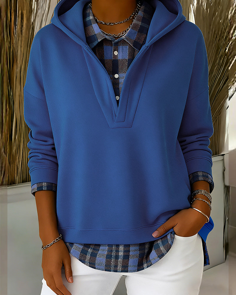Faux Two-Piece Plaid Patchwork Hoodie