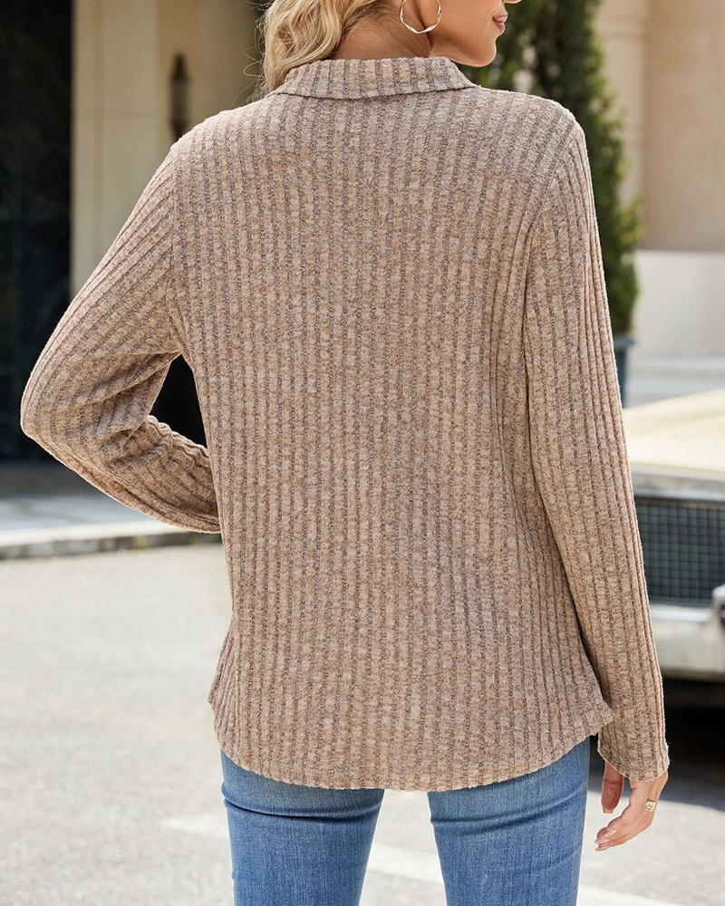 Casual solid color lapel pocket long sleeve top