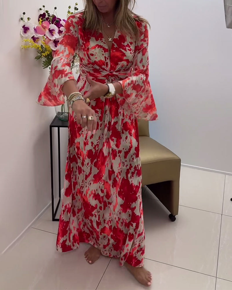 Fashionable printed deep V knitted bell sleeve dress