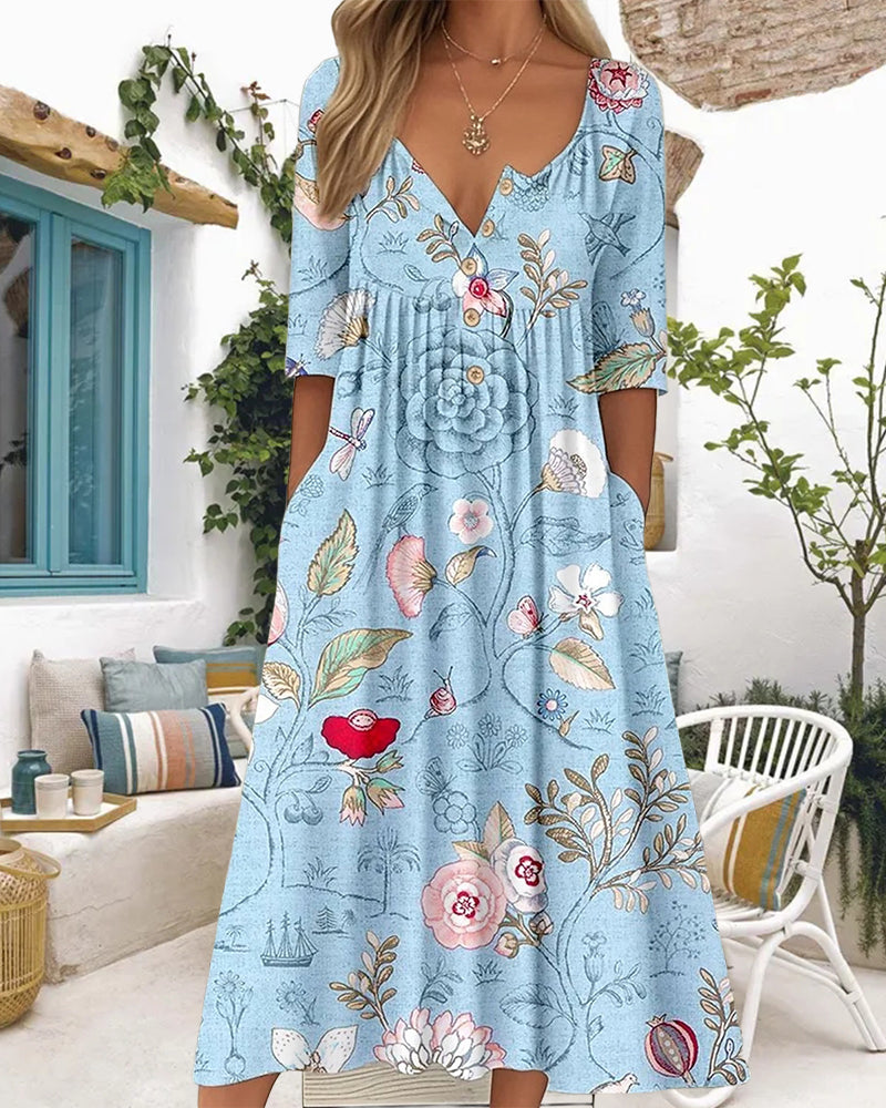 Half-Sleeve Printed Pleated A-Line Dress