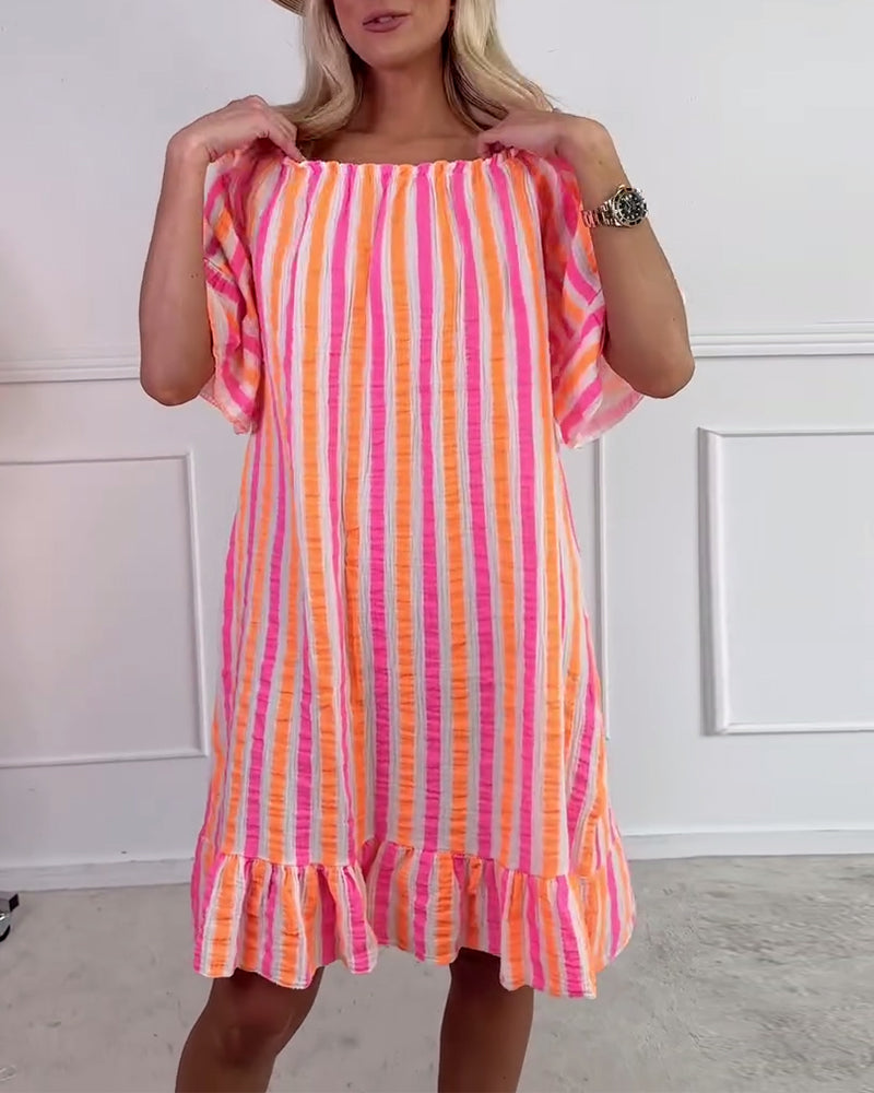 Round Neck Striped Pleated Shift Dress