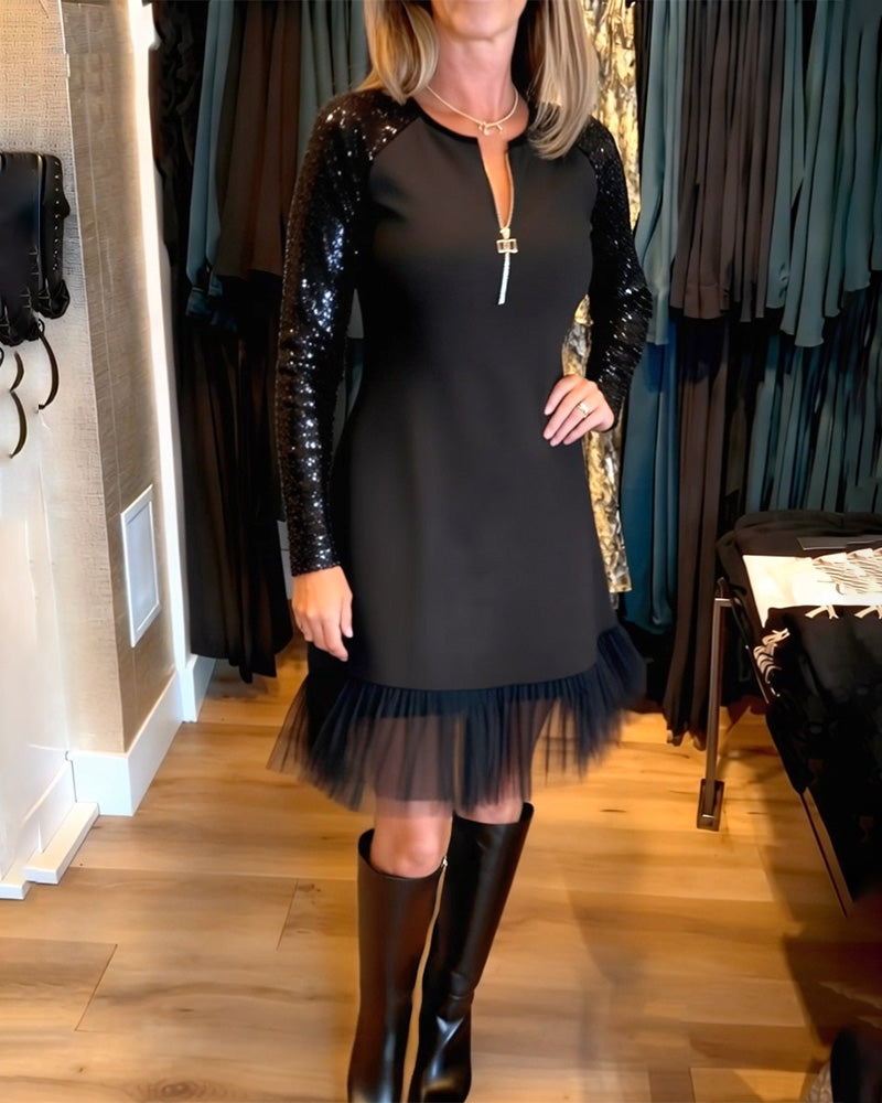 Fashionable Sequin Zipper Patchwork Dress