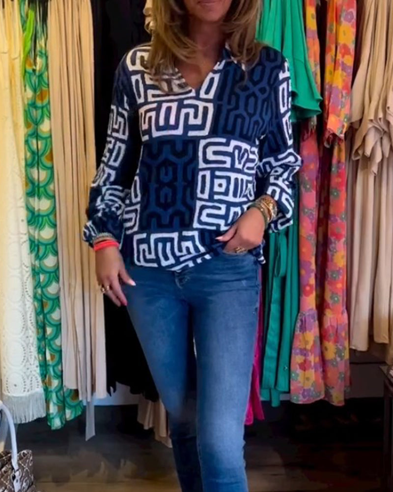 Long Sleeve V Neck Printed Top