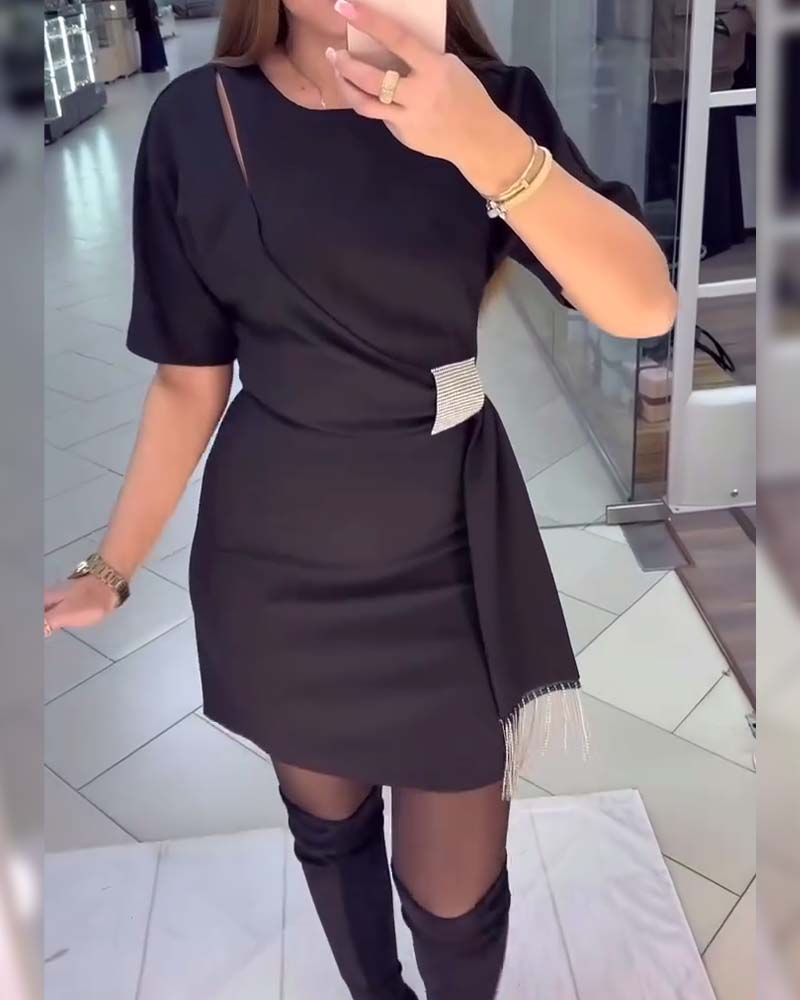 Elegant Solid Color Short-Sleeved Tassel Dress