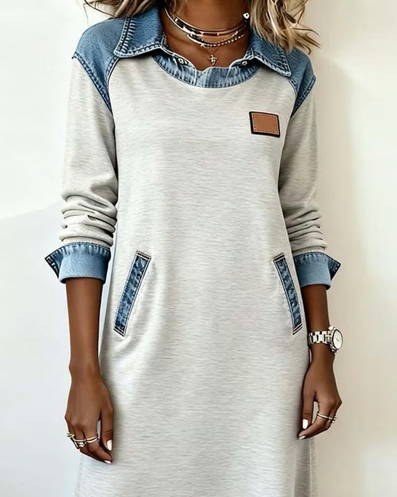 Casual Lapel Denim Patchwork Dress