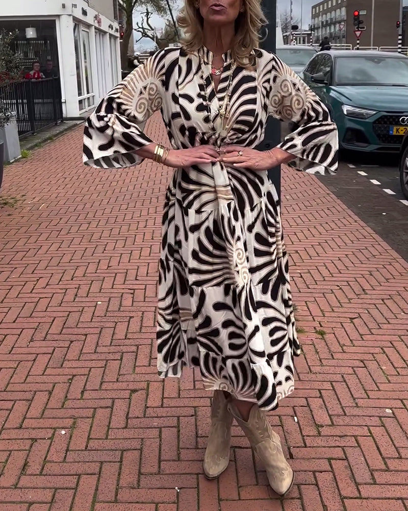 Printed  V neck Flare Sleeve  dress