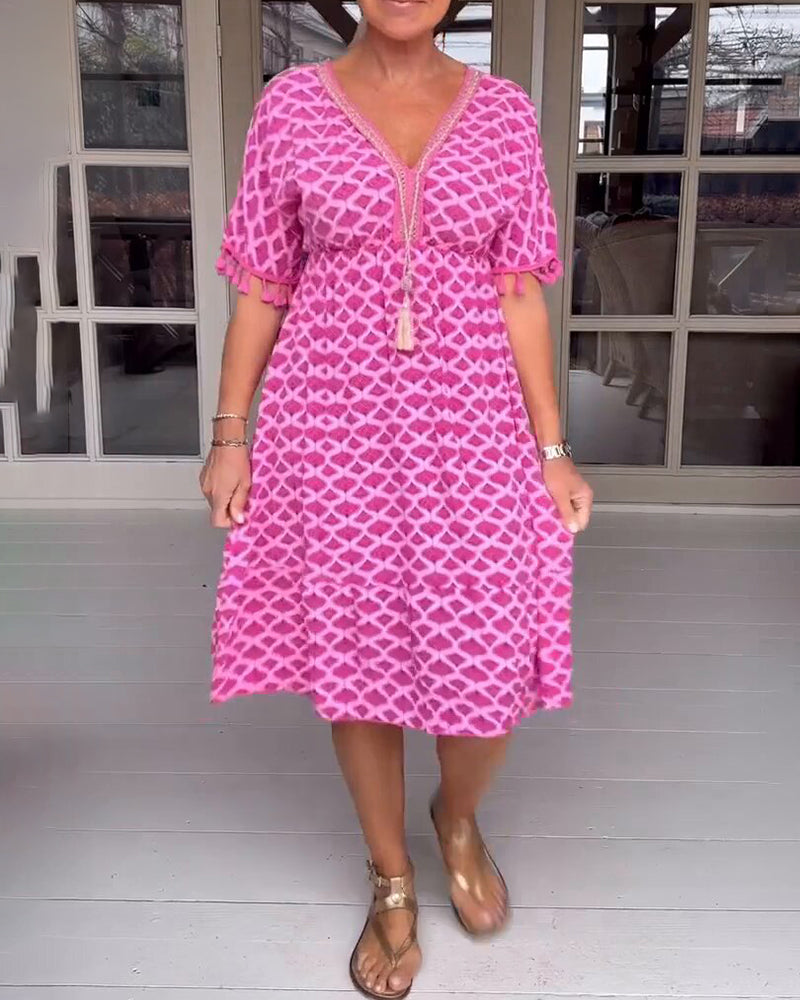 Printed v-neck fringed dress