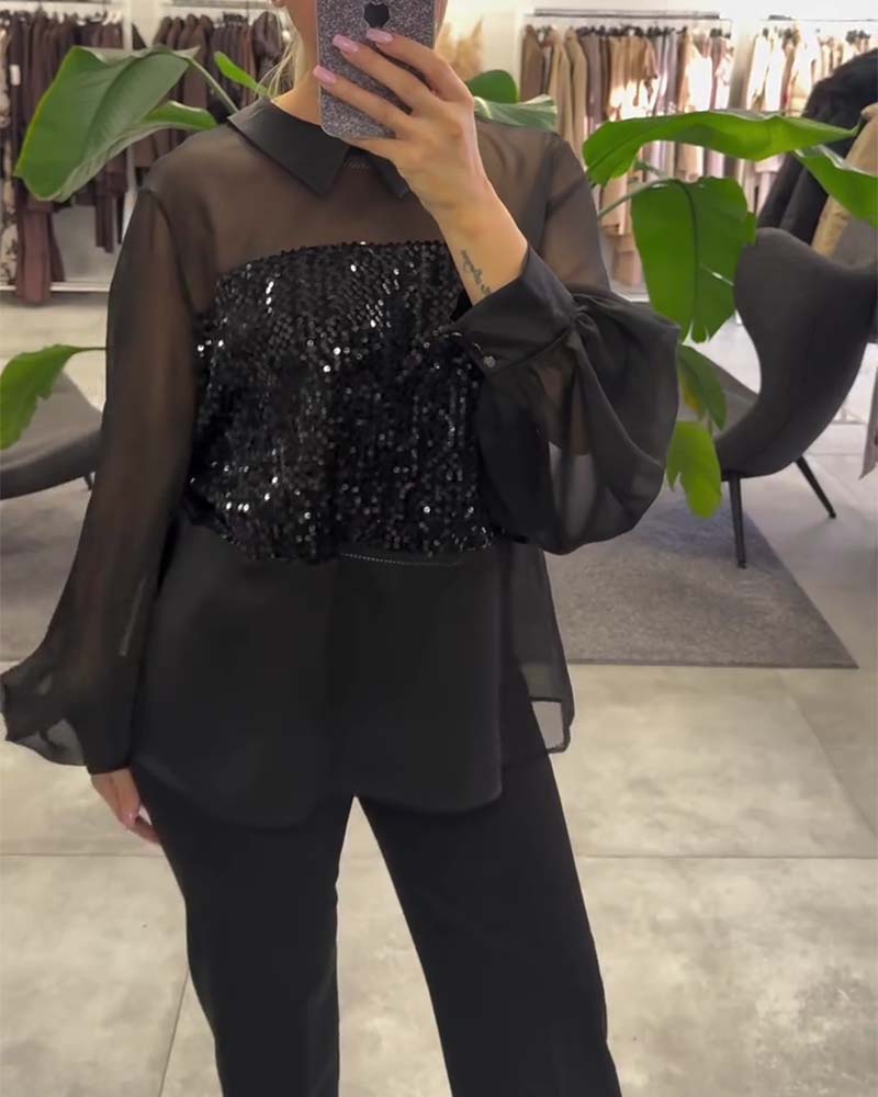 Solid Color Puff Sleeve Collar Blouse