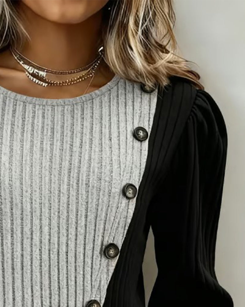 Color-Blocked Ribbed Cross Hem Long-Sleeved Top