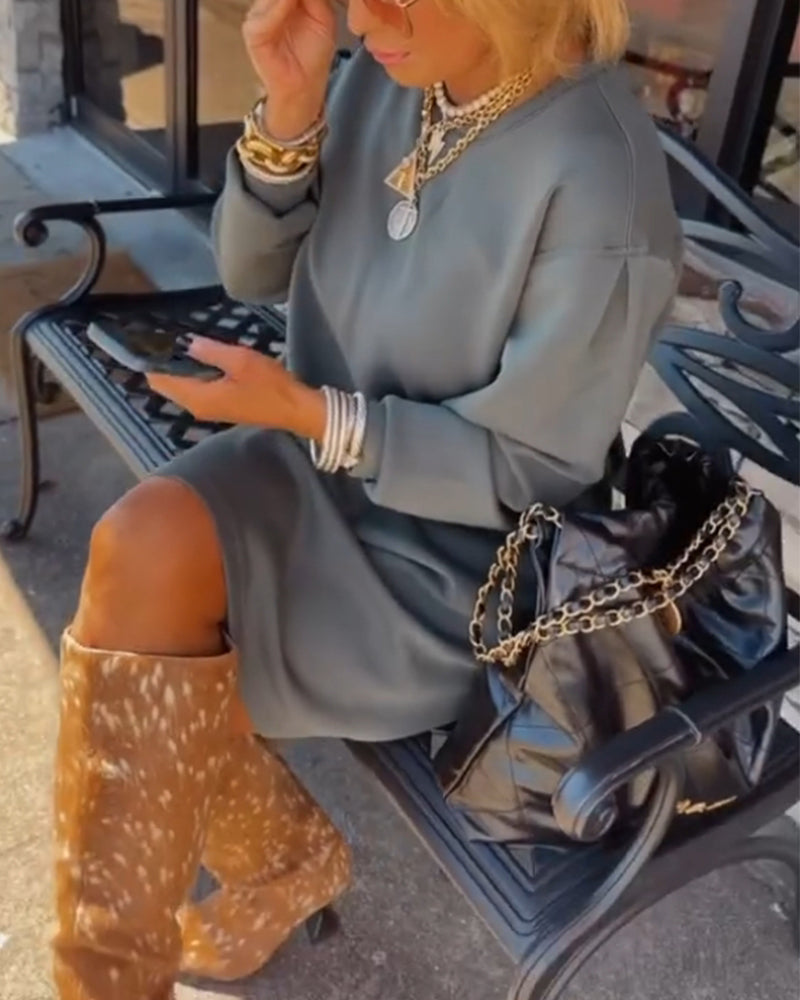 Round neck solid color elegant dress