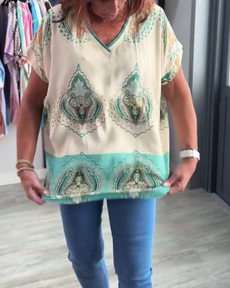 Retro printed V-neck casual top