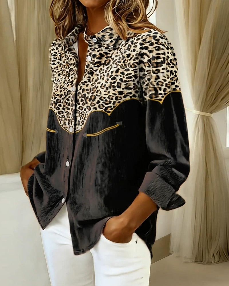 Leopard Print Color Block Lapel Shirt