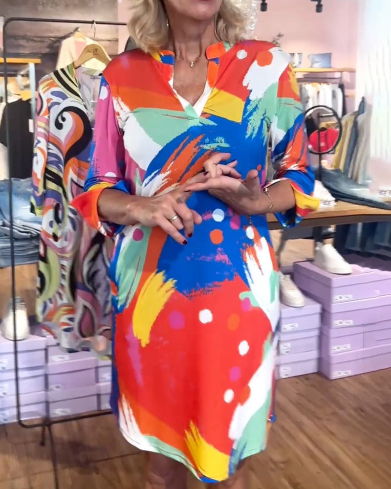 Colorful printed V-neck elegant dress