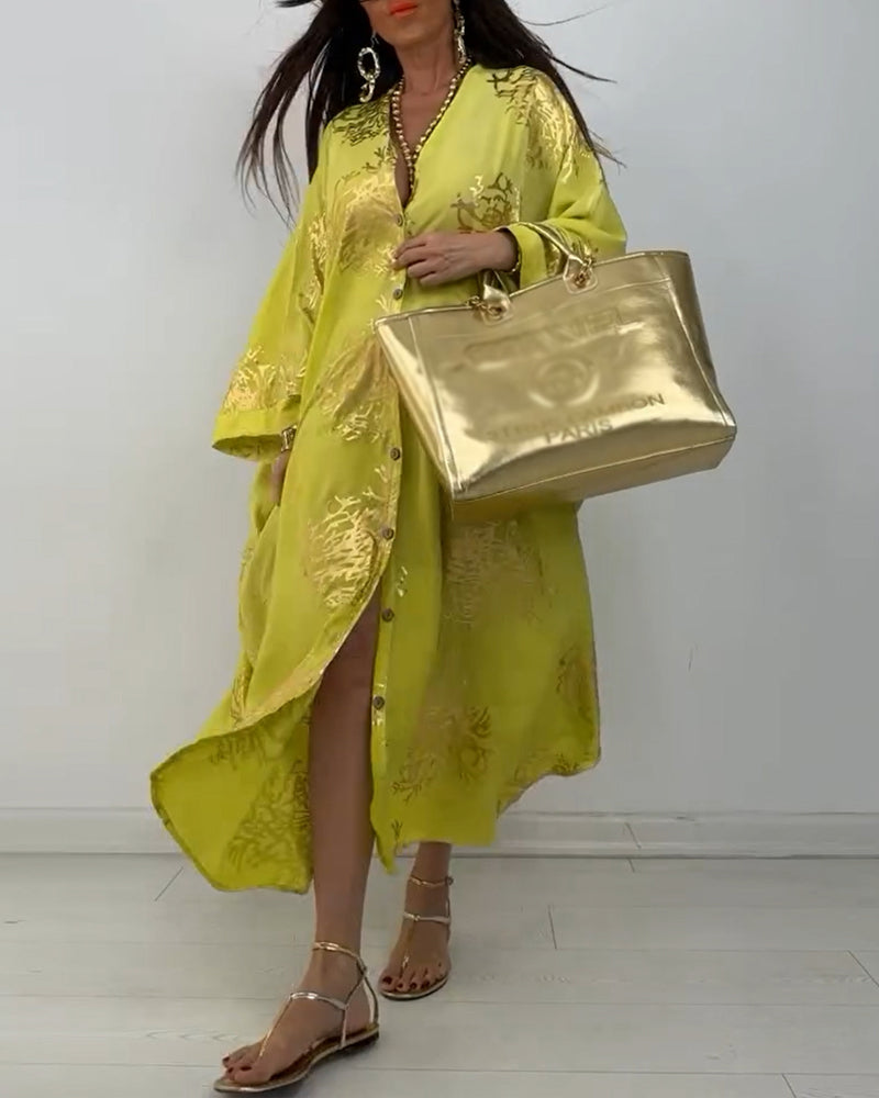 Long sleeve printed button loose dress