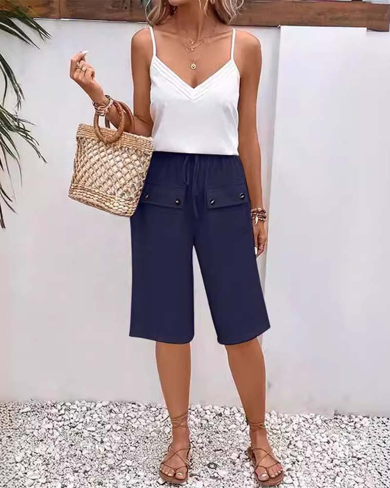 Casual solid color pocket half length trousers
