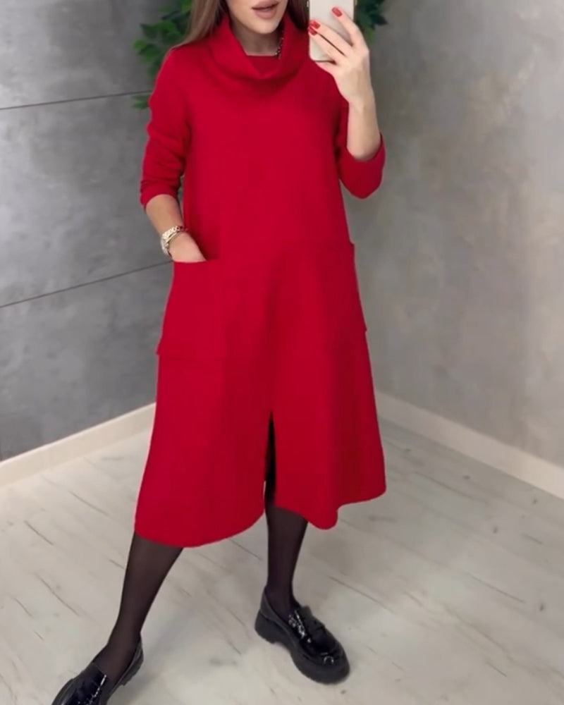 Solid color turtleneck pocket dress