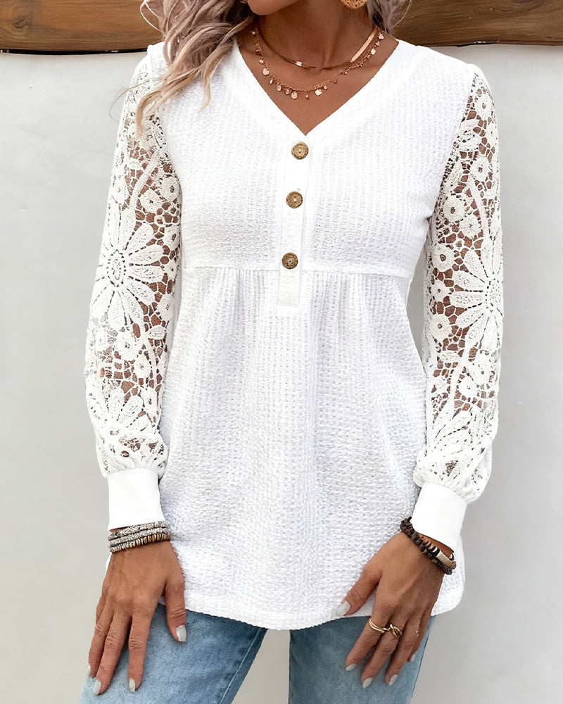 Lace Long-Sleeve V-Neck Blouse