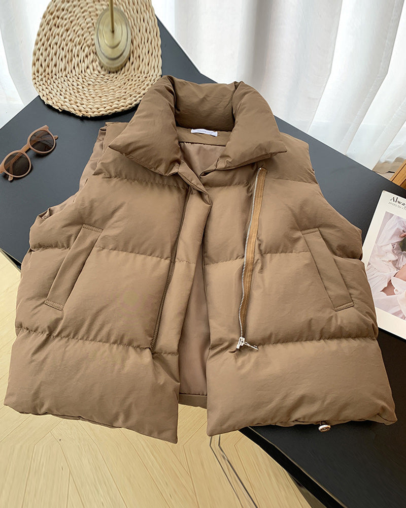 Simple solid color zipper pocket sleeveless padded jacket