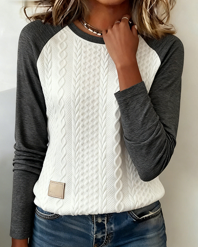 Long-Sleeved Color-Blocked Jacquard Top