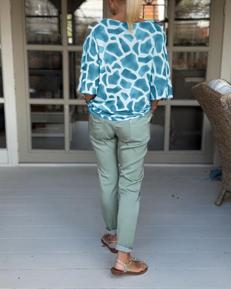 Elegant printed V-neck bat sleeves blouse