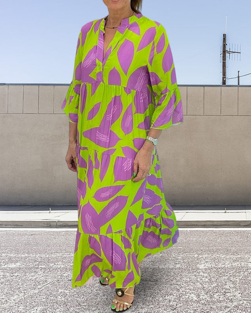 Leaves Print Dress with Short Sleeves