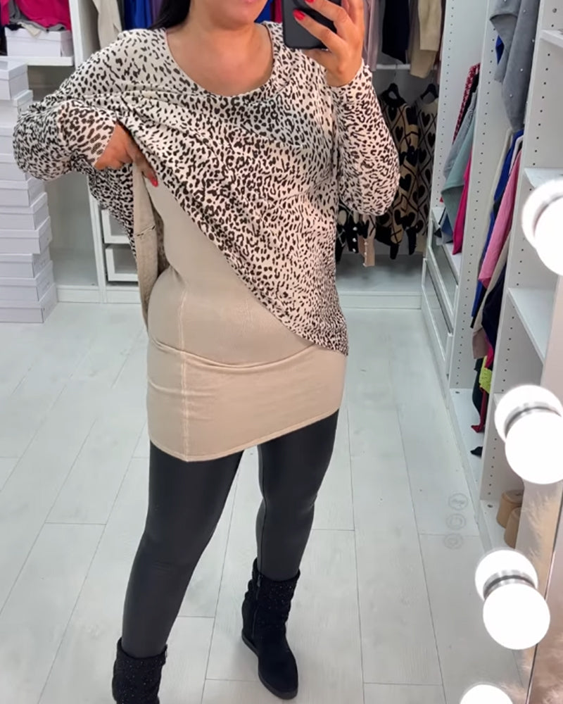 Round neck leopard print long sleeve top