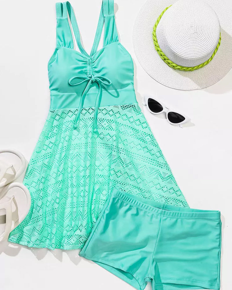 Solid Color Lace Panel Tankini