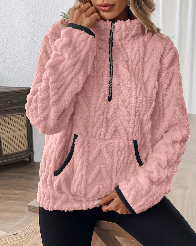 Lapel Zipper Front Fuzzy Sweatshirt