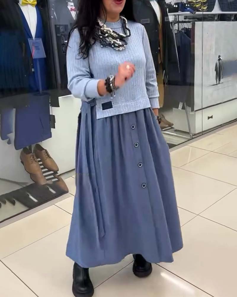 Casual Color-Blocked Round Neck Dress