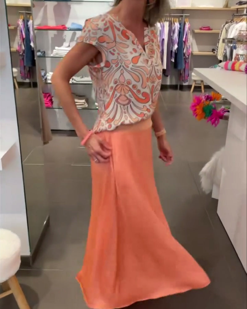 Printed V-neck raglan sleeves casual blouse