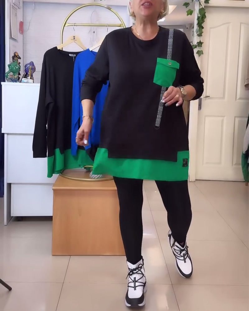 Casual Round Neck Pocket Contrast Color Sweatshirt