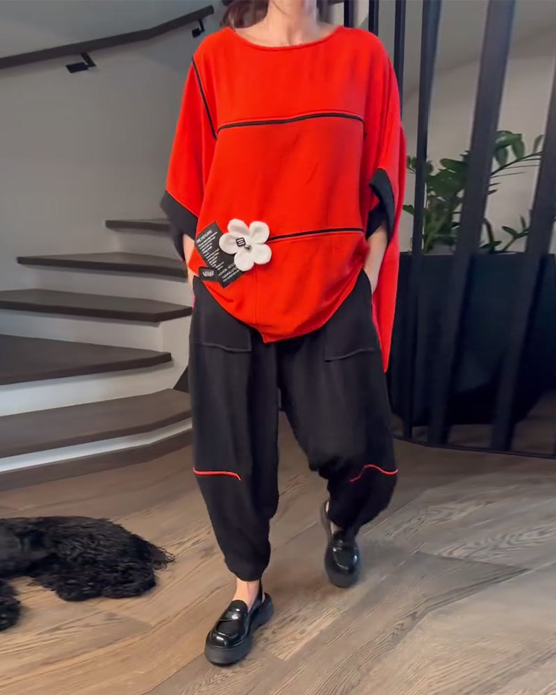 Loose Bloomers Casual Color-Blocking Set