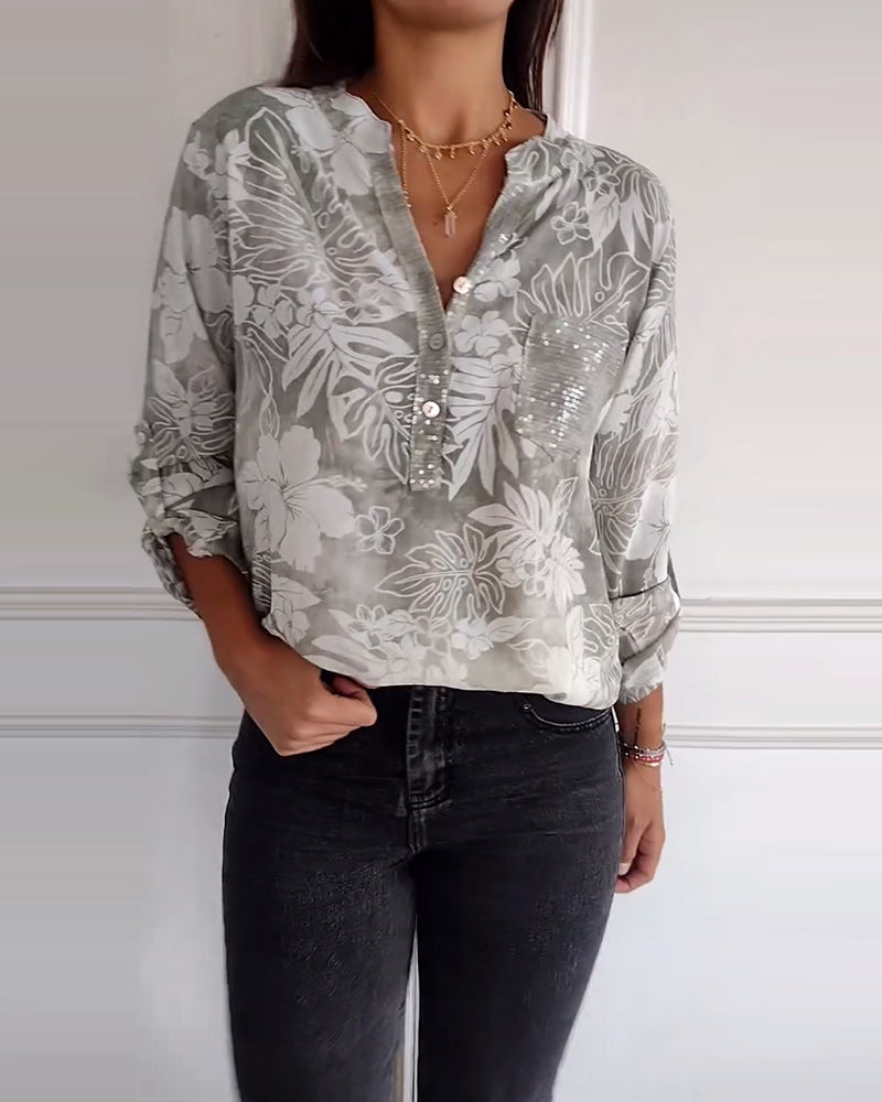 Patchwork sequined leaf print top