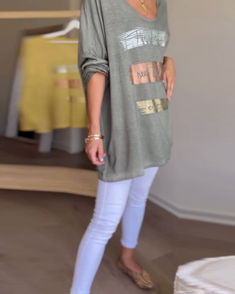 Long sleeve round neck letter print top