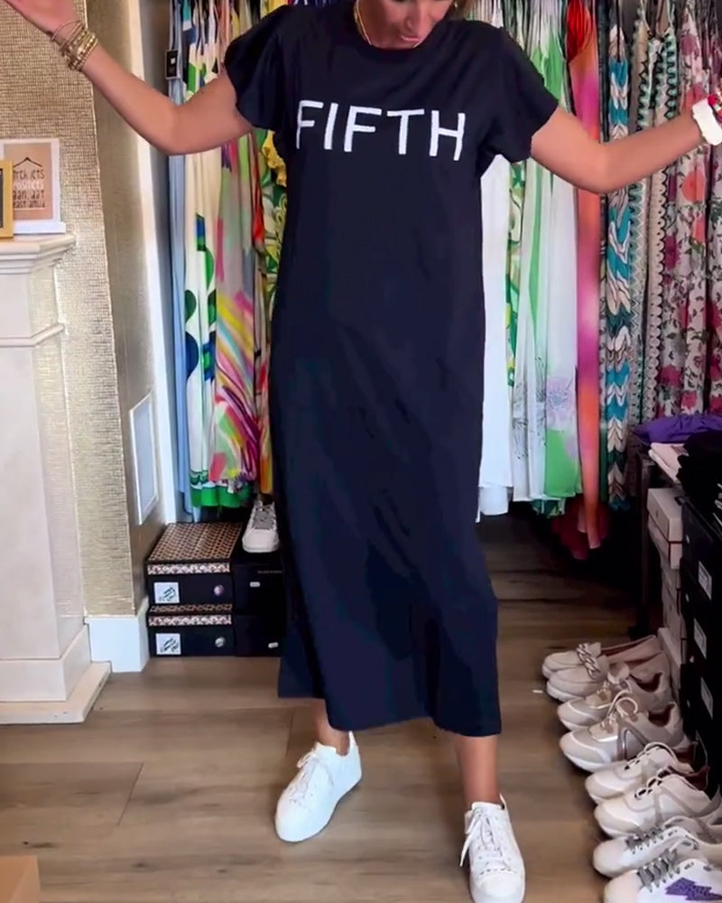 Letter print ruffle sleeve slit casual dress