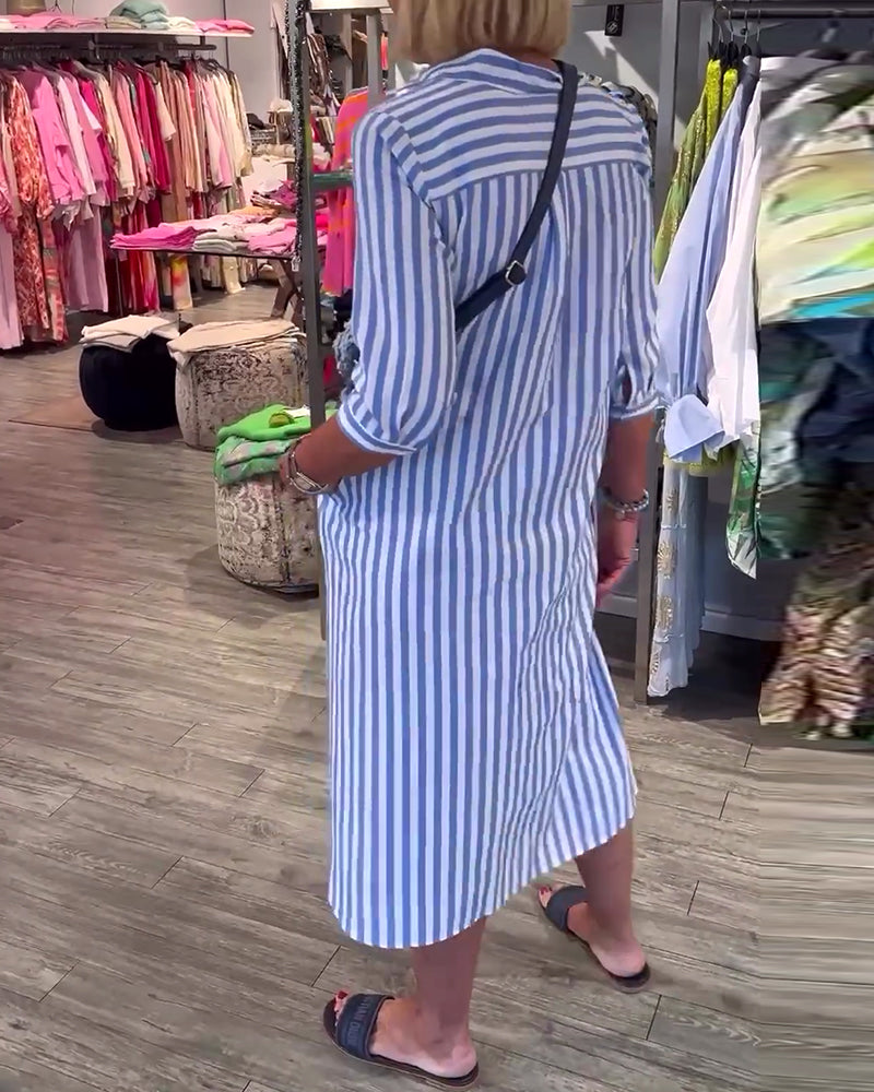 Stripe print lapel button dress