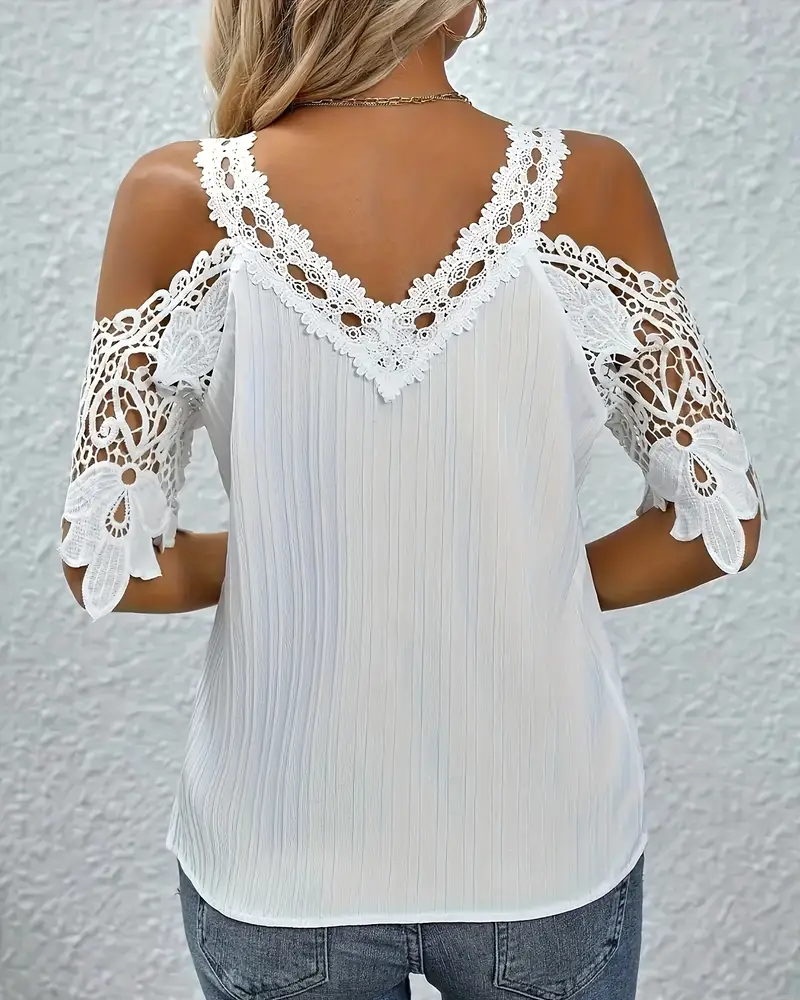 Off-The-Shoulder Lace Solid Color T-Shirt